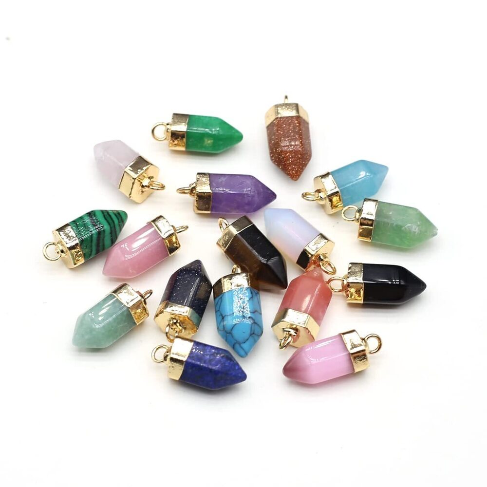 7952 10 Pcs Natural Stone Pendants Hexagonal Prism Shape Assorted Energy